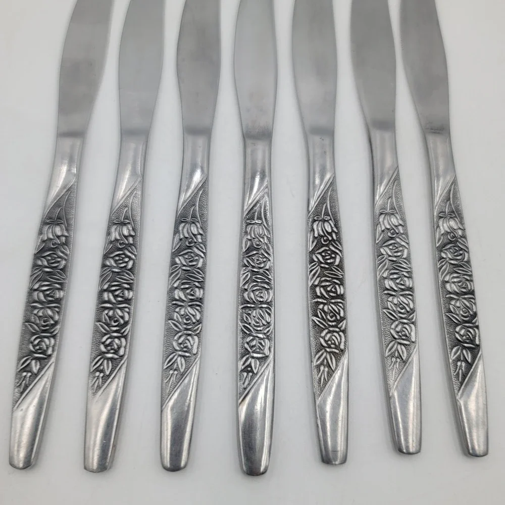 7pc International Stainless Caress Pattern Dinner Knives Rose Floral Korea